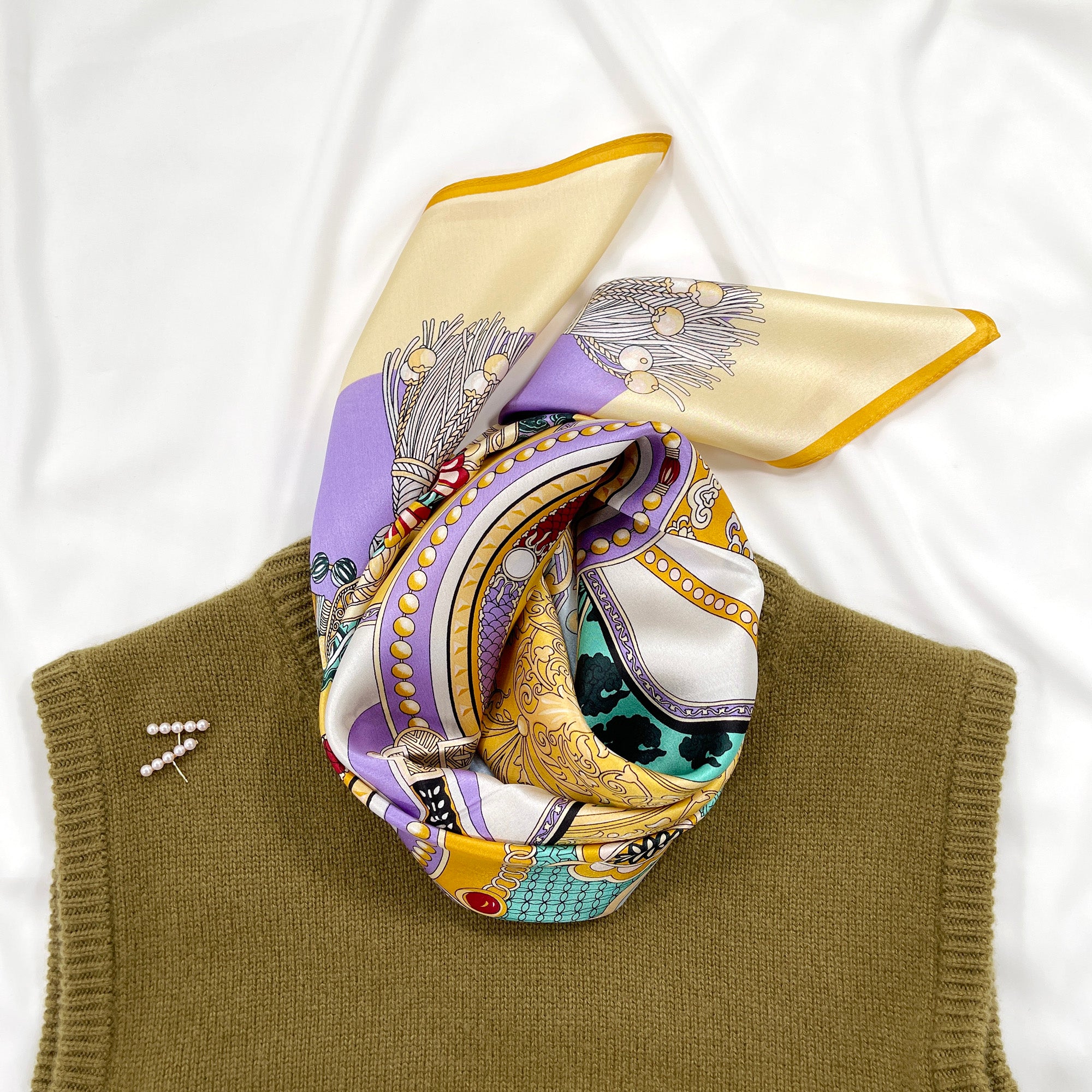 lilac and yellow silk scarf with a olive green vest