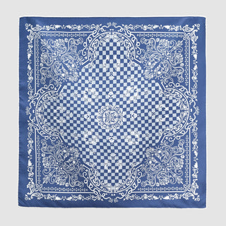 French Blue Baroque Check Silk Scarf - 53cm Hand-rolled Unisex Bandana