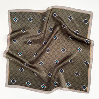 a unisex dark olive green square silk scarf featuring timeless print