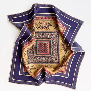 a vintage vibe boho chic square silk scarf with indigo base and hand-rolled hems, featuring retro charm floral print