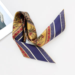 a vintage vibe boho chic square silk scarf with indigo base and hand-rolled hems, featuring retro charm floral print
