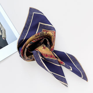 a vintage vibe boho chic square silk scarf with indigo base and hand-rolled hems, featuring retro charm floral print