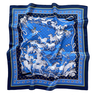 a bright blue men's square silk scarf featuring classic horse riding and paisley prints with navy blue edge