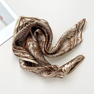 a bronze silk bandana scarf featuring beige botanic leaf print