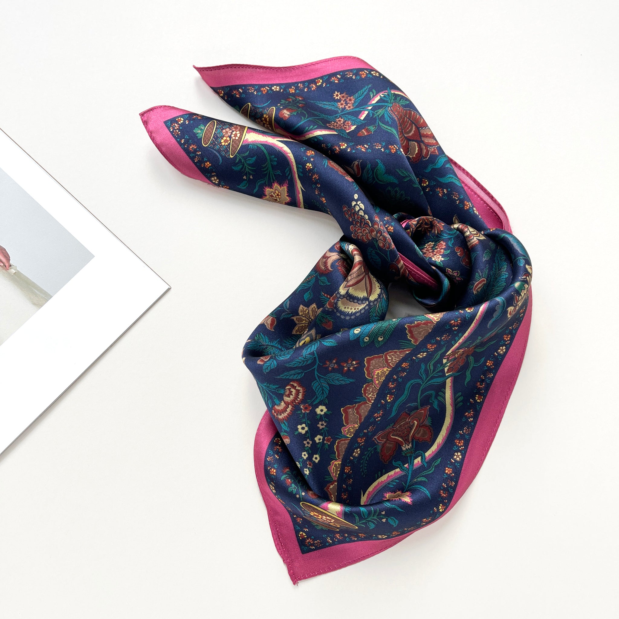 a blue vintage inspired floral silk scarf with magenta edge