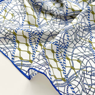 53 Unisex Blue Geometric Silk Bandana | Hand-Rolled Silk Neckerchief | Small Silk Square