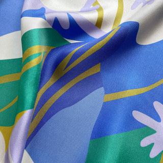 Blue Abstract Lotus Silk Scarf - 65cm Hand-rolled Unisex Bandana Scarf