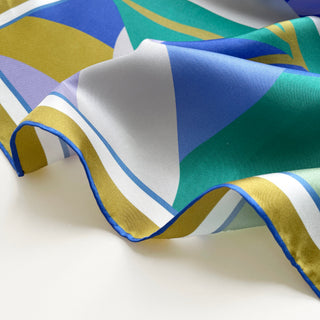 Blue Abstract Lotus Silk Scarf - 65cm Hand-rolled Unisex Bandana Scarf