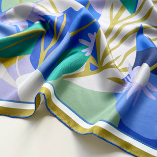 Blue Abstract Lotus Silk Scarf - 65cm Hand-rolled Unisex Bandana Scarf