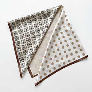 a beige and brown earth tones square silk scarf featuring bohemian paisley and polka dot prints with brown edges