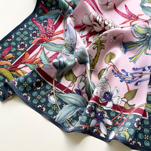 68x68cm Pink Floral Print 100% Silk Scarf | Silk Bandana | Silk Neckerchief | Silk Hair Scarf | Silk Neck Scarf