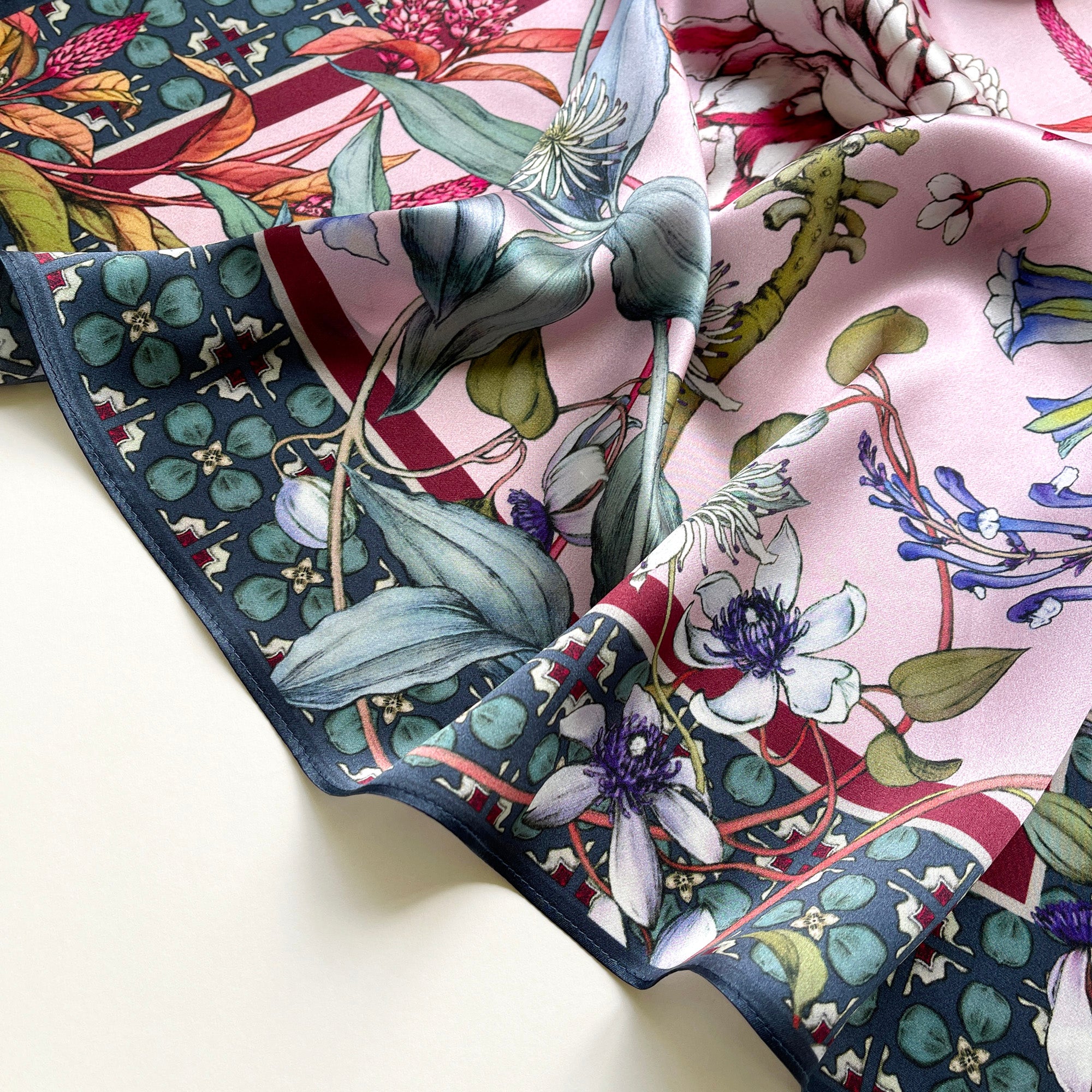 68x68cm Pink Floral Print 100% Silk Scarf | Silk Bandana | Silk Neckerchief | Silk Hair Scarf | Silk Neck Scarf