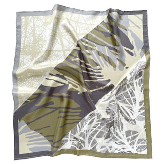 a forest leafy printed square silk scarf in sage green, grey and white tones with hand-rolled edges