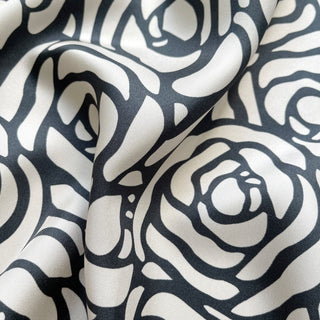 Women's Deep Charcoal Grey Abstract Rose Silk Scarf | White Silk Neckerchief & Bandana | Hand-Rolled Edges Square Scarf