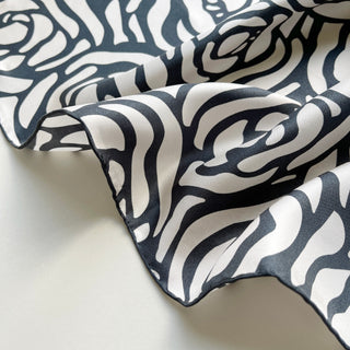 Women's Deep Charcoal Grey Abstract Rose Silk Scarf | White Silk Neckerchief & Bandana | Hand-Rolled Edges Square Scarf