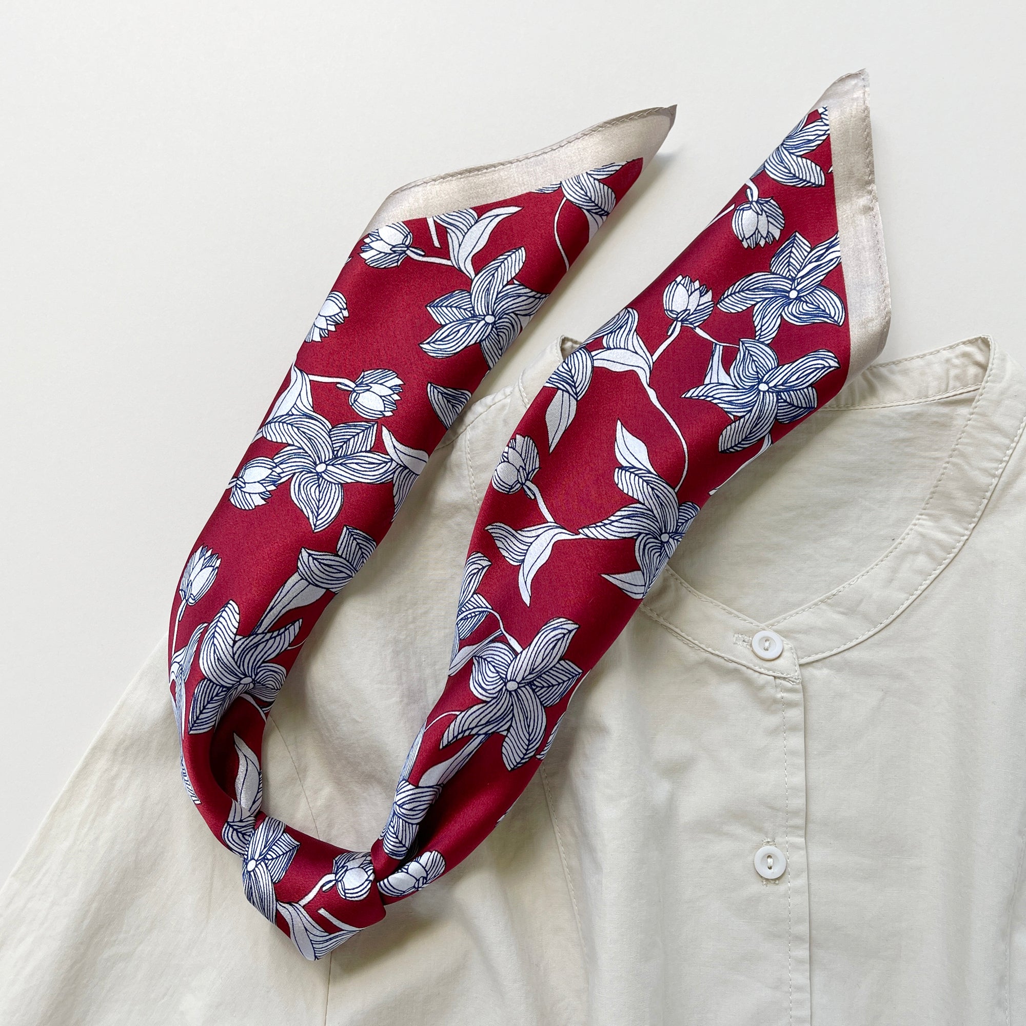 Burgundy Red Botanic Leaf 100% Silk Bandana Scarf | Silk Neckerchief | Small Silk Scarf | Silk Hair Scarf