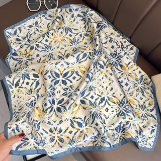 68cm Silk Bandana Scarf Neckerchief for Women | White Base with Dusty Blue and Yellow Artistic Floral Print