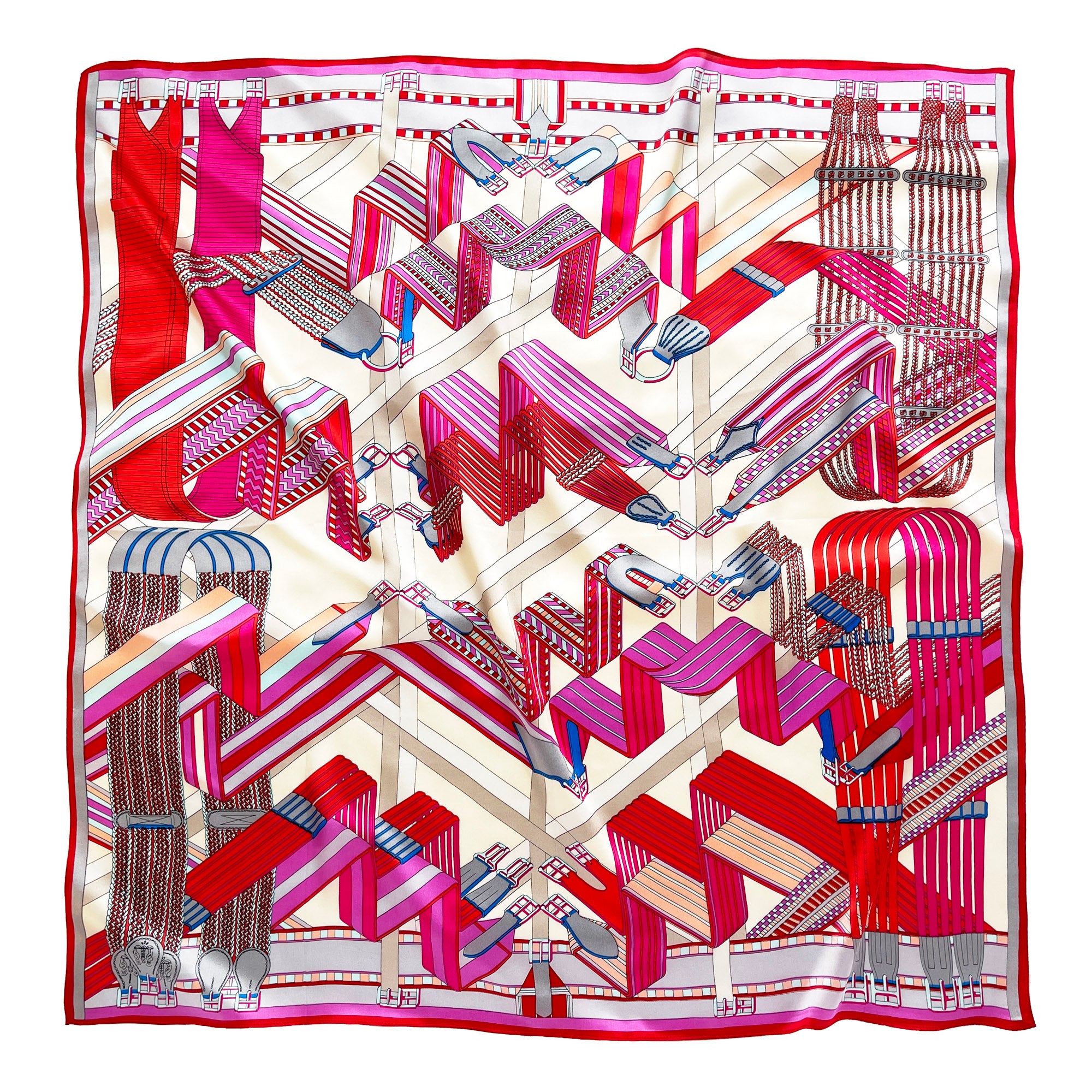 a vibrant square silk scarf in magenta, red, ash grey and light beige palette