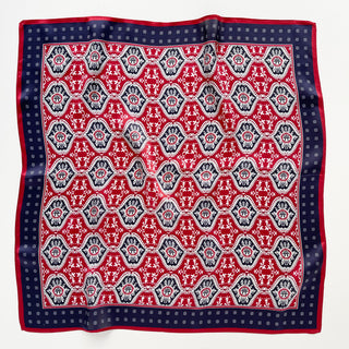 53x53cm Unisex bandana silk scarf featuring a geometric floral pattern in red, navy, and white, with a navy border.