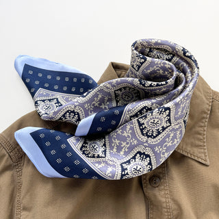 53x53cm Unisex bandana silk scarf featuring a geometric floral pattern in velvet, navy, and white, with a navy border.