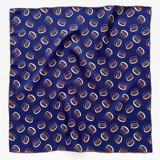 Indigo purple unisex silk bandana scarf with a circular pattern, made from 100% silk twill, featuring hand-rolled edges. The scarf measures 53x53cm and is designed for both men and women.