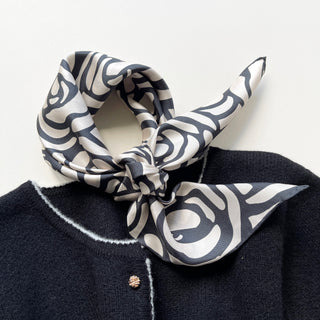 Women's Deep Charcoal Grey Abstract Rose Silk Scarf | White Silk Neckerchief & Bandana | Hand-Rolled Edges Square Scarf