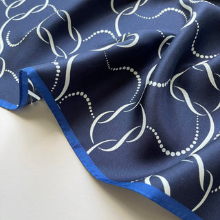 65cm Navy Blue Bandana Silk Scarf with Hand-Rolled Edges – Geometric Pattern