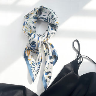 68cm Silk Bandana Scarf Neckerchief for Women | White Base with Dusty Blue and Yellow Artistic Floral Print