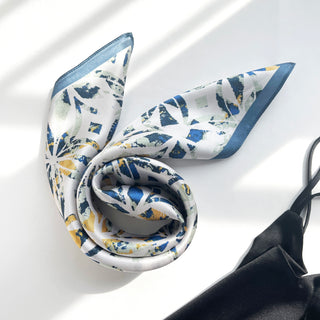 68cm Silk Bandana Scarf Neckerchief for Women | White Base with Dusty Blue and Yellow Artistic Floral Print