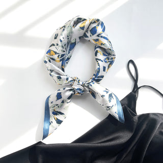 68cm Silk Bandana Scarf Neckerchief for Women | White Base with Dusty Blue and Yellow Artistic Floral Print