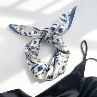 68cm Silk Bandana Scarf Neckerchief for Women | White Base with Dusty Blue and Yellow Artistic Floral Print