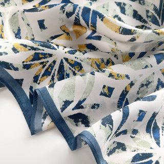 68cm Silk Bandana Scarf Neckerchief for Women | White Base with Dusty Blue and Yellow Artistic Floral Print