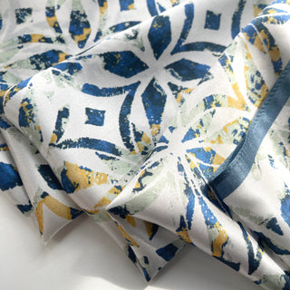 68cm Silk Bandana Scarf Neckerchief for Women | White Base with Dusty Blue and Yellow Artistic Floral Print