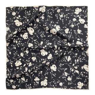 a black and white rose print silk bandana scarf with pink beige hand-rolled edges