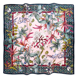 a botanic floral print silk scarf in pink and dark green palette