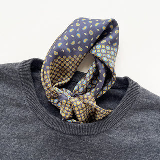 Navy Blue Geometric Heritage Silk Scarf - 53cm Hand-rolled Men's Neckerchief