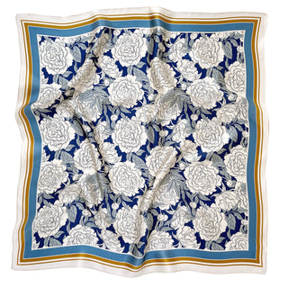 Blue Peony Bloom Silk Scarf - 65cm Women's Bandana Scarf