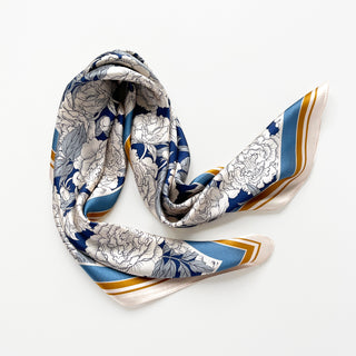 Blue Peony Bloom Silk Scarf - 65cm Women's Bandana Scarf