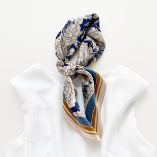 Blue Peony Bloom Silk Scarf - 65cm Women's Bandana Scarf