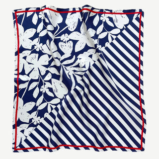 Blue White Floral Stripes Silk Scarf - 65cm Hand-rolled Women's Bandana Scarf