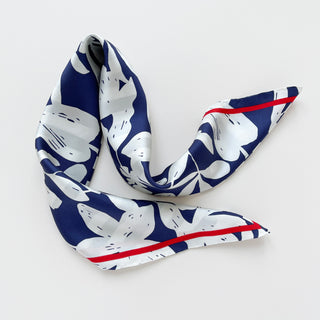 Blue White Floral Stripes Silk Scarf - 65cm Hand-rolled Women's Bandana Scarf