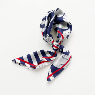 Blue White Floral Stripes Silk Scarf - 65cm Hand-rolled Women's Bandana Scarf