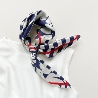 Blue White Floral Stripes Silk Scarf - 65cm Hand-rolled Women's Bandana Scarf