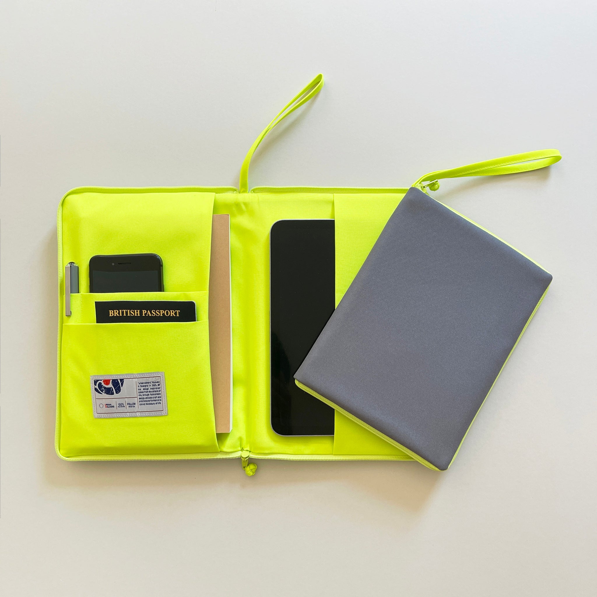 recycled iPad mini case/travel organizer in grey and neon yellow