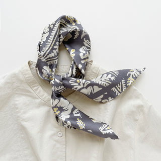 Ash Grey Meadow Blooms Silk Scarf - 65cm Hand-rolled Women's Bandana Scarf