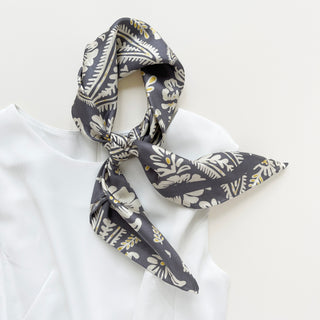 Ash Grey Meadow Blooms Silk Scarf - 65cm Hand-rolled Women's Bandana Scarf