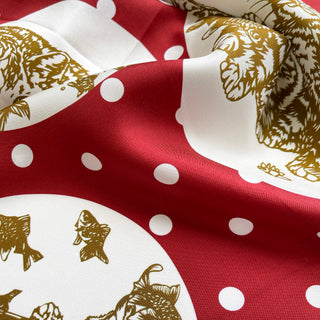 a red small silk scarf, silk square, silk neckerchief for men and women with polka dot and cat print