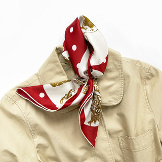 a red small silk scarf, silk square, silk neckerchief for men and women with polka dot and cat print