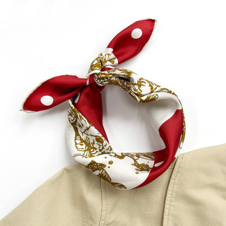 a red small silk scarf, silk square, silk neckerchief for men and women with polka dot and cat print