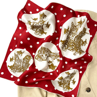 a red small silk scarf, silk square, silk neckerchief for men and women with polka dot and cat print